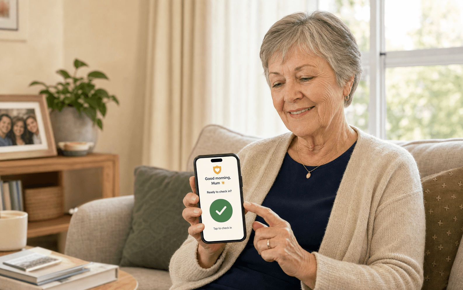 Older woman using the Koko Check app on a normal-sized phone at home